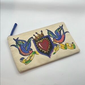 Canvas Pouch with Heart and Bird Design